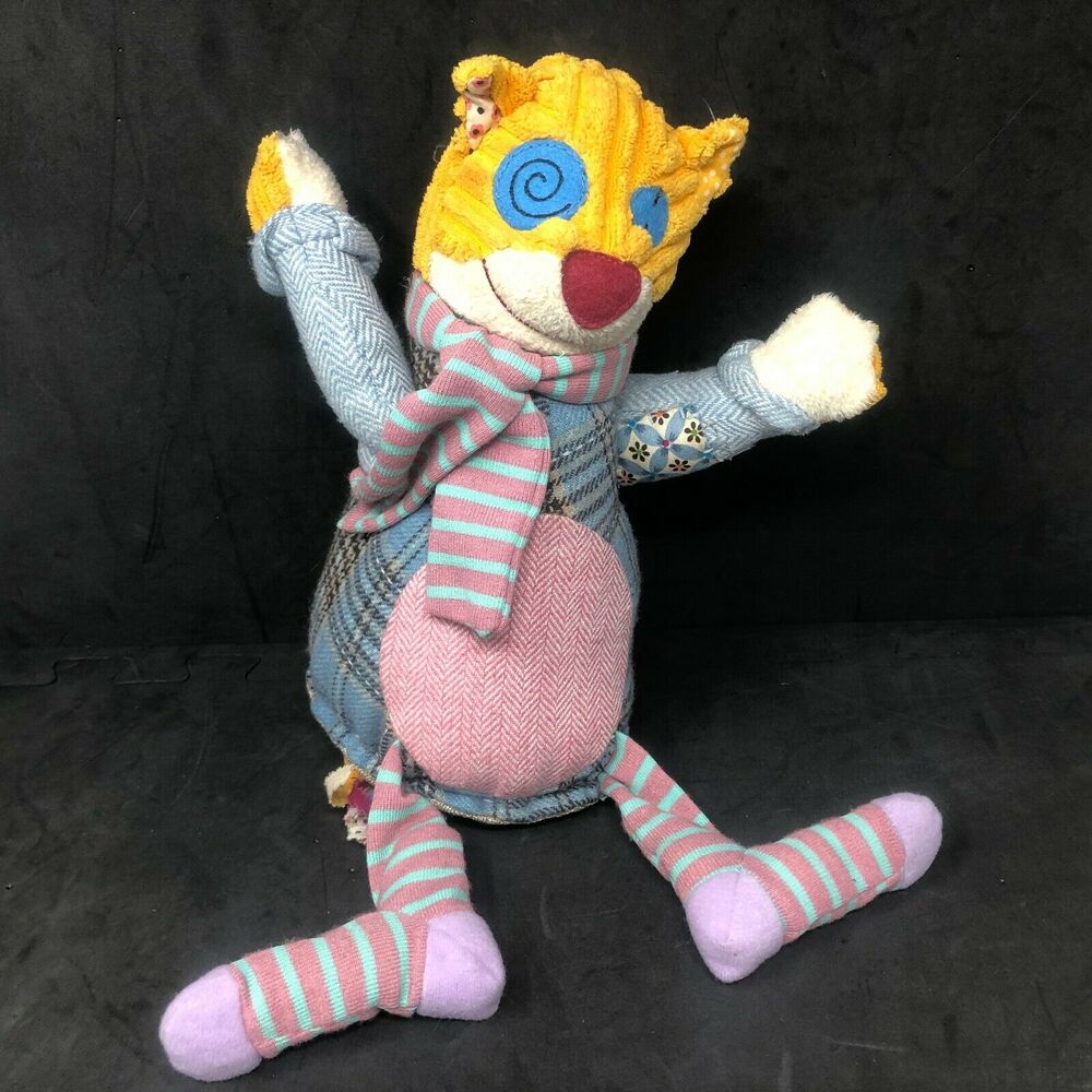 Les Deglingos Ronronos Le Chat Orange Kitty Cat Plush 10" Patchwork Stripe Scarf